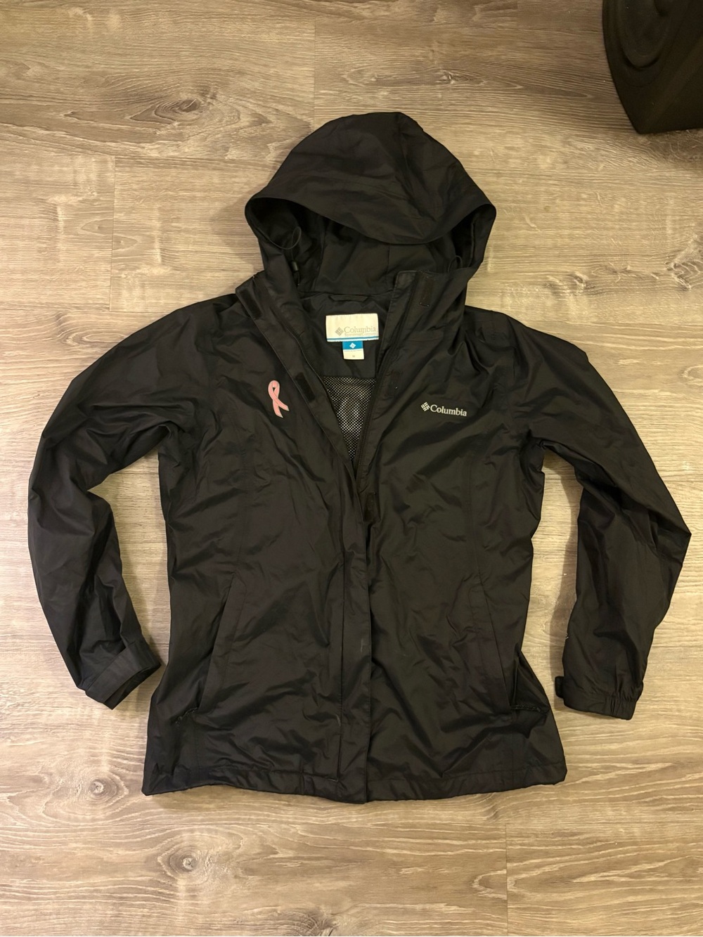 Columbia Black breast cancer windbreaker Hooded Raincoat with Pink Ribbon Acce